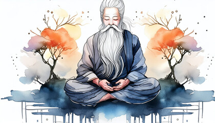 A serene monk sits in meditation by a tranquil pond, surrounded by lush greenery and reflecting watercolors