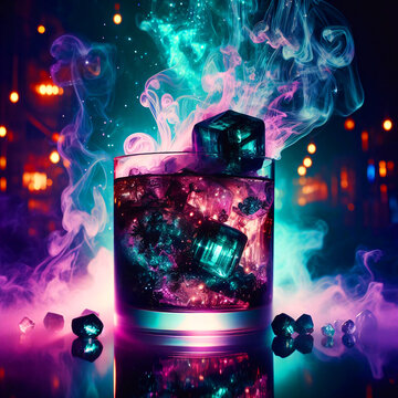 A photorealistic image of a cocktail glass bathed in the cool glow of blue neon light, set against the dark, blurred backdrop of a nightclub. The glass is filled with a refreshing, light-colored bever