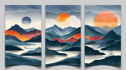Abstract coloful landscape poster collection. Set of contemporary art print templates. Nature backgrounds for your social media. Sun and moon, sea, mountains, ocean, river bundle