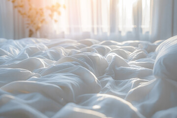 Fototapeta premium A bed with white sheets and a window in the background.