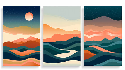 Obraz premium Abstract coloful landscape poster collection. Set of contemporary art print templates. Nature backgrounds for your social media. Sun and moon, sea, mountains, ocean, river bundle