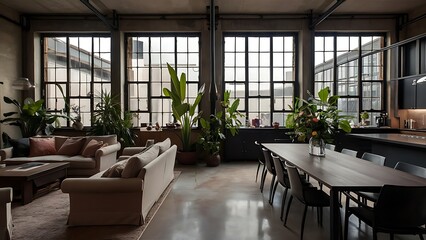 Fototapeta premium Home indoors. Open space with living room and dining room in bright industrial loft with green plants.
