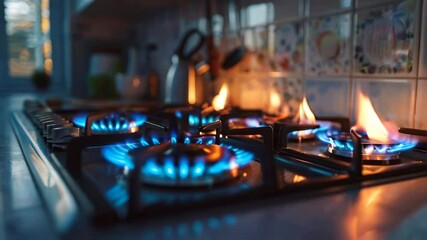 High-resolution 4K video emphasizing fire safety practices for residential gas equipment, showcasing a well-operating gas stove in a home kitchen to raise awareness on preventive measures