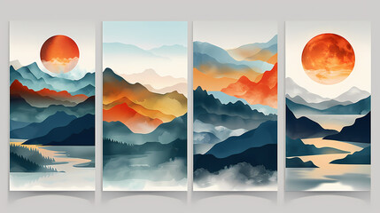 Abstract coloful landscape poster collection. Set of contemporary art print templates. Nature backgrounds for your social media. Sun and moon, sea, mountains, ocean, river bundle