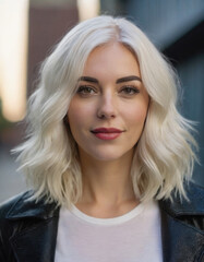 Fototapeta premium A young woman with short platinum blonde hair, wearing a white top and black jacket, poses outdoors, combining modern fashion with urban outdoor elements.