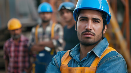 Fototapeta premium Portrait of a working man in a uniform and a hard hat. AI Generated
