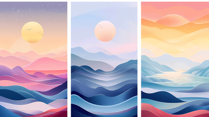 Abstract coloful landscape poster collection. Set of contemporary art print templates. Nature backgrounds for your social media. Sun and moon, sea, mountains, ocean, river bundle