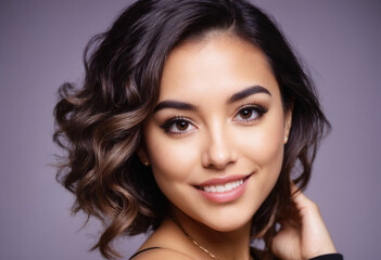 Obraz premium A close-up portrait captures a woman with curly brown hair and a warm smile, exuding confidence and friendliness, set against a neutral background that highlights her natural beauty.