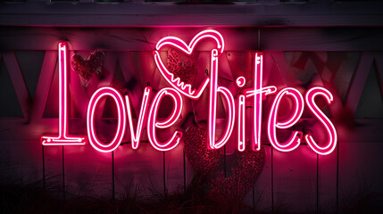 Bold pink neon text words love bites sign glowing romantic decor bold message event venue valentines party wedding engagement advert heart glow lights breakup divorce brick wall background ad concept 