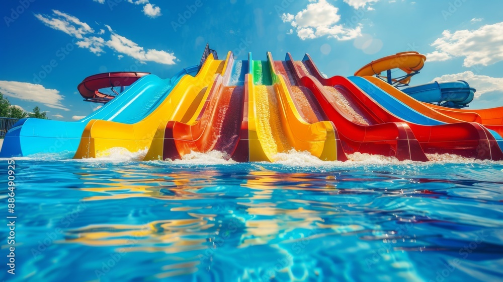 Wall mural bottom view of a water park with multicolored slides in a swimming pool with a clear sky and clouds 