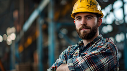 Portrait of a working man in a uniform and a hard hat. AI Generated