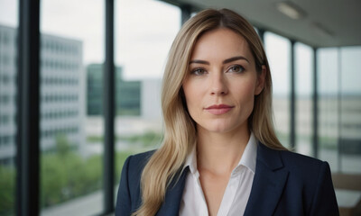 Fototapeta premium A confident businesswoman in a blue suit, standing resolutely in a modern office with large windows, symbolizes professionalism, leadership, and determination, excellent for corporate and business the