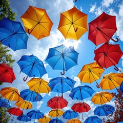 colorful umbrellas floating against a vibrant sky, symbolizing imagination and creativity