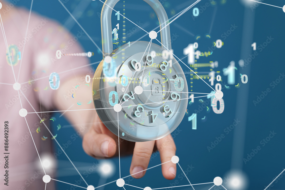 Poster Information technology protected with firewall, secure access and encryption against cyber