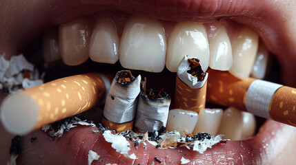 A person's mouth is full of cigarette butts and teeth. Concept of disgust and the negative effects of smoking on one's health