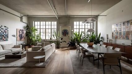 Home indoors. Open space with living room and dining room in bright industrial loft with green plants.