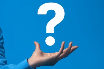 Hand with white question mark paper against blue background
