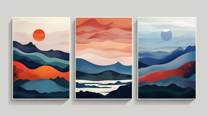 Abstract coloful landscape poster collection. Set of contemporary art print templates. Nature backgrounds for your social media. Sun and moon, sea, mountains, ocean, river bundle