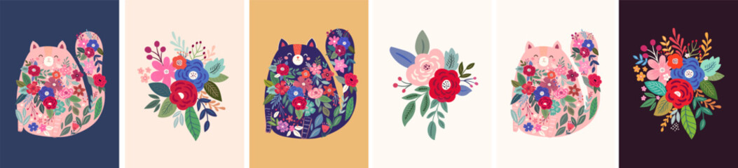 Floral posters .Beautiful flower collection of posters with roses, cats, leaves, floral bouquets, flower compositions. Notebook covers