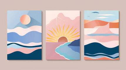 Abstract coloful landscape poster collection. Set of contemporary art print templates. Nature backgrounds for your social media. Sun and moon, sea, mountains, ocean, river bundle