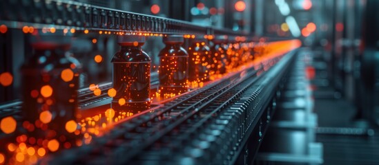 Obraz premium Bottles Moving on a Conveyor Belt in a Factory