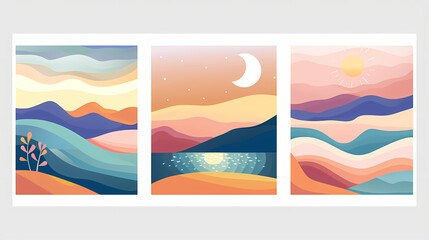 Abstract coloful landscape poster collection. Set of contemporary art print templates. Nature backgrounds for your social media. Sun and moon, sea, mountains, ocean, river bundle