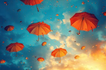 colorful umbrellas floating against a vibrant sky, symbolizing imagination and creativity