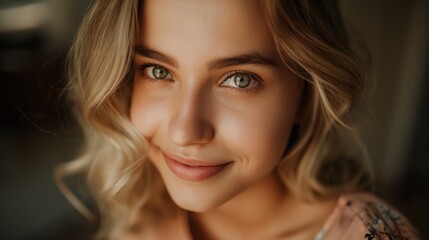 Portrait of a Smiling Young Woman with Blonde Hair, Green Eyes, and Warm Lighting Creating a Soft, Friendly Atmosphere, Ideal for Marketing, and Advertising Campaigns, or Personal Stories