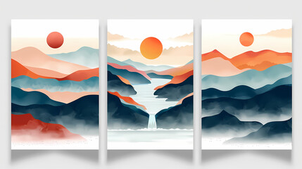 Abstract coloful landscape poster collection. Set of contemporary art print templates. Nature backgrounds for your social media. Sun and moon, sea, mountains, ocean, river bundle
