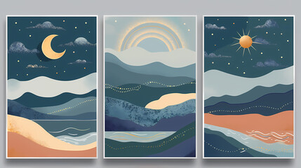 Obraz premium Abstract coloful landscape poster collection. Set of contemporary art print templates. Nature backgrounds for your social media. Sun and moon, sea, mountains, ocean, river bundle