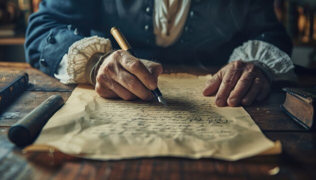 Close-up of a person writing with a quill on parchment paper, capturing a vintage feel. A glimpse into historical document creation.