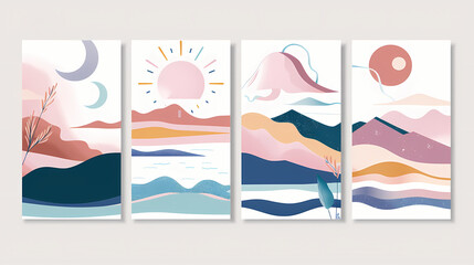 Naklejka premium Abstract coloful landscape poster collection. Set of contemporary art print templates. Nature backgrounds for your social media. Sun and moon, sea, mountains, ocean, river bundle