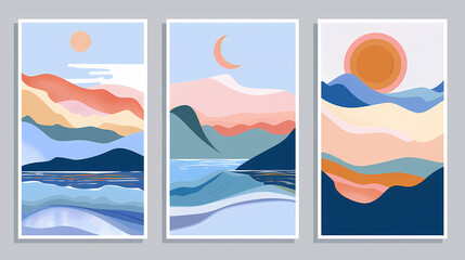 Abstract coloful landscape poster collection. Set of contemporary art print templates. Nature backgrounds for your social media. Sun and moon, sea, mountains, ocean, river bundle