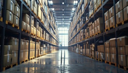 Fototapeta premium Large warehouse with tall shelves stocked with brown boxes, well-organized in rows, and bathed in natural light from large windows.
