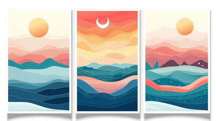Abstract coloful landscape poster collection. Set of contemporary art print templates. Nature backgrounds for your social media. Sun and moon, sea, mountains, ocean, river bundle