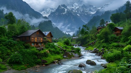 Fototapeta premium Picturesque Mountain Village Nestled in a Lush Valley with Majestic Alpine Peaks and a Flowing River