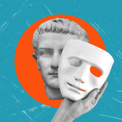 Contemporary art collage featuring a stone face wearing a theatrical mask.