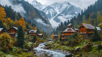Fototapeta premium Picturesque Mountain Village Nestled in a Serene Autumn Valley with Traditional Wooden Houses and a Flowing River