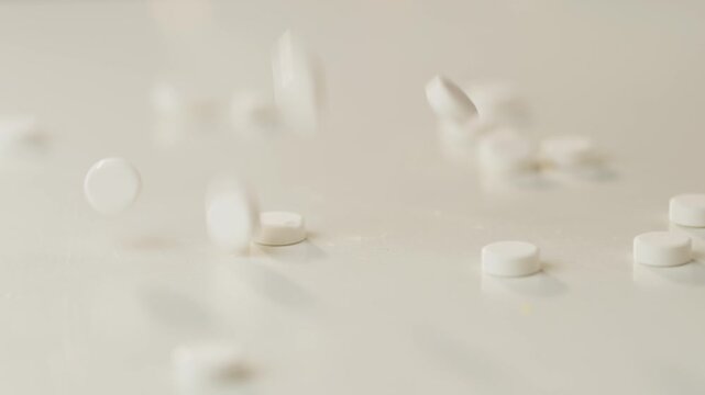 Slow motion close up of pills falling on table. The concept of pharmacy treatment and medicine. High quality 4k footage