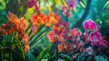 An arrangement of exotic orchids in a tropical garden, with vivid colors and intricate patterns on the petals.