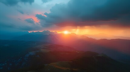 Fototapeta premium Dramatic Mountain Sunset Landscape with Vibrant Skies and Golden Peaks