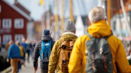 A group of travelers equipped with backpacks walk down a pathway past charming, colorful buildings on a crisp, clear day, invoking a sense of companionship, adventure, and wonder.