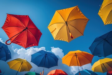 Obraz premium colorful umbrellas floating against a vibrant sky, symbolizing imagination and creativity