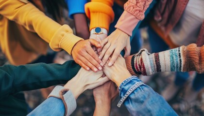 Diverse Group of People Placing Hands Together in Unity