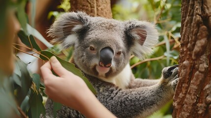 Obraz premium Petting a Koala: Hands gently petting a koala, focusing on the animal's relaxed posture in a eucalyptus tree. 