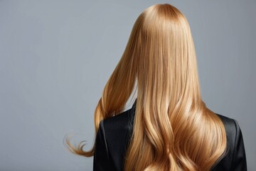 Naklejka premium Back view of woman with long light ginger shiny hair on grey background. Concept: beauty eco product design, haircare, hair coloring techniques, dyeing, woman's health