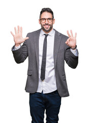 Young handsome business man over isolated background showing and pointing up with fingers number eight while smiling confident and happy.