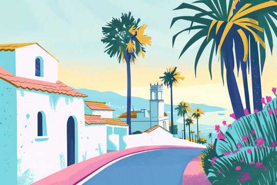 Risograph riso print travel poster, card, wallpaper or banner illustration, modern, isolated, clear, simple of Ventura, California, USA. Artistic, screen printing, stencil