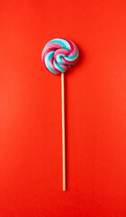 Color lollipop, spiral candy on stick, colorful striped lollypop, round fruit caramel, circle...
