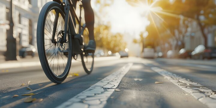 3D rendering of cyclist on stylish electric bike in city bike lane. Concept 3D Rendering, Cyclist, Electric Bike, Urban Environment, Bike Lane